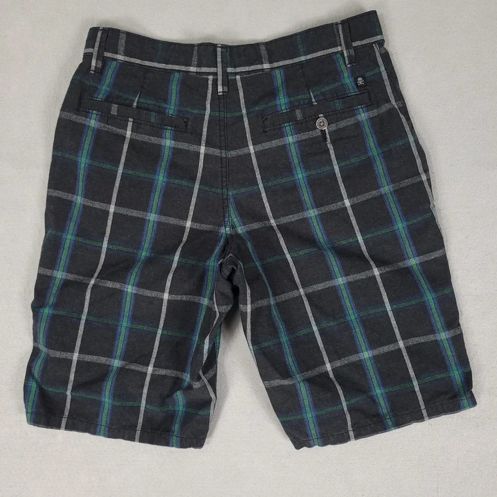 Tony Hawk Shorts Men's 30 Gray Black Plaid Casual Regular Fit Cotton Blend Chino